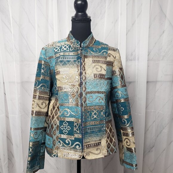 Dressbarn Jacket Blue Brown Embroidered Tapestry Patchwork Artsy Retro M - Picture 1 of 13